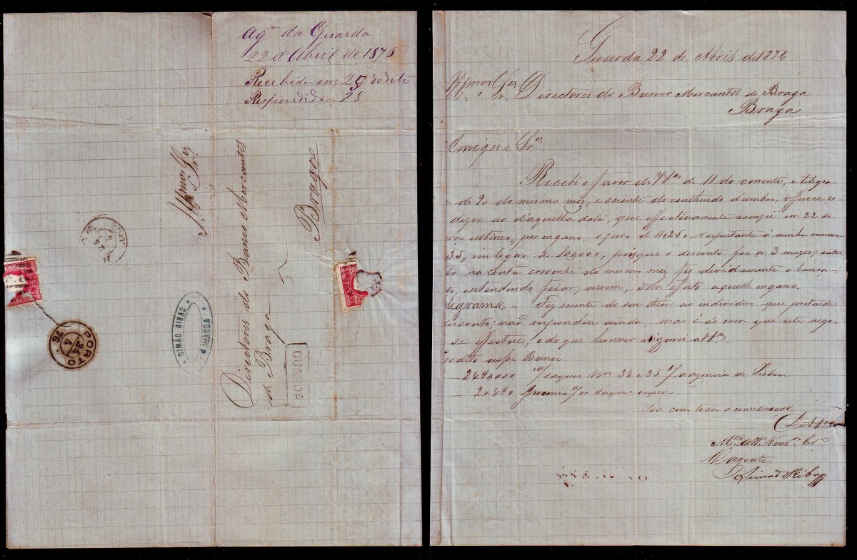 Selos - Carta 1876 - Guarda > Braga